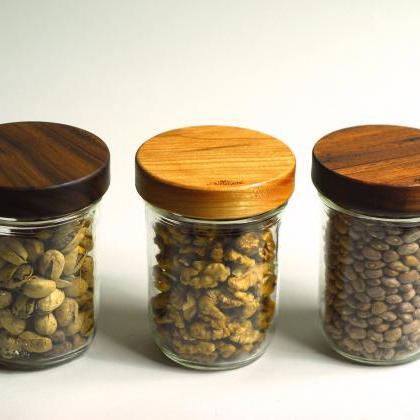 Three-pack Wooden Screw-top Wide Mouth Mason Jar..