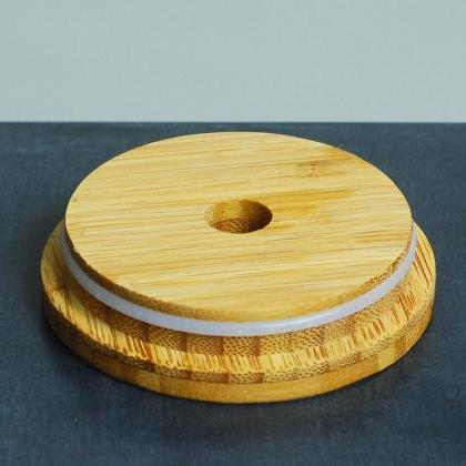 Bamboo Snap-on Mason Jar Lid With Straw Hole And..